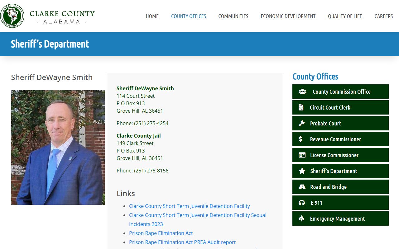Clarke County Sheriff's Department page showing jail contact information