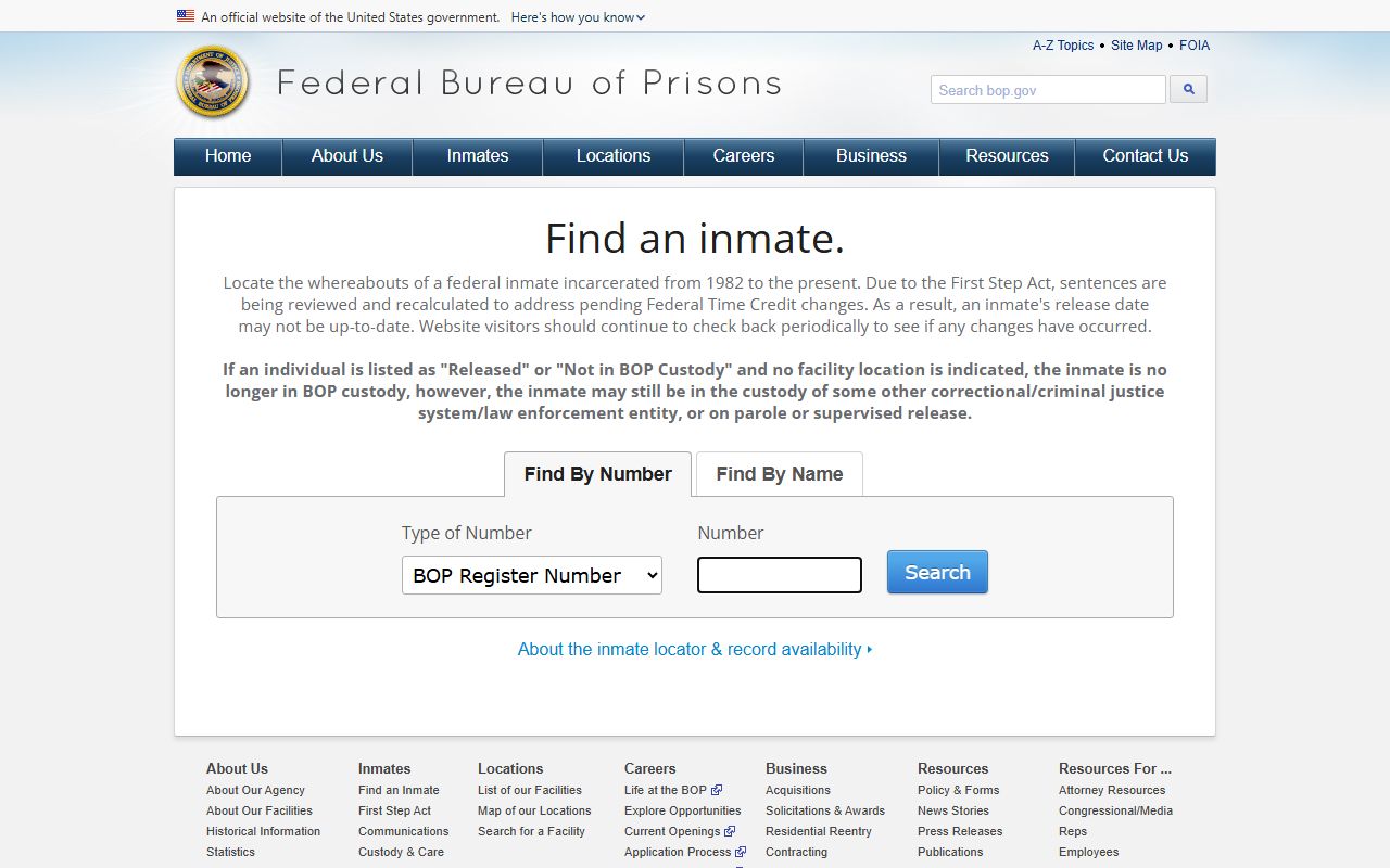 Federal BOP locator used when a Clarke County inmate population search points to federal custody